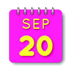 20 day of the month. September. Cute calendar daily icon. Date day week Sunday, Monday, Tuesday, Wednesday, Thursday, Friday, Saturday. Neon yellow. Pink Paper. White background.