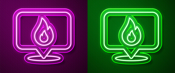 Glowing neon line Map pointer with fire flame icon isolated on purple and green background. Fire nearby. Vector