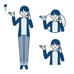 ひとつ結びヘアーの女性がスマートフォンで通話しているイラスト