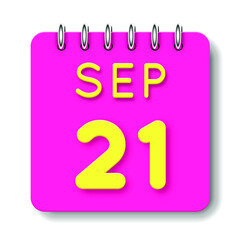 21 day of the month. September. Cute calendar daily icon. Date day week Sunday, Monday, Tuesday, Wednesday, Thursday, Friday, Saturday. Neon yellow. Pink Paper. White background.