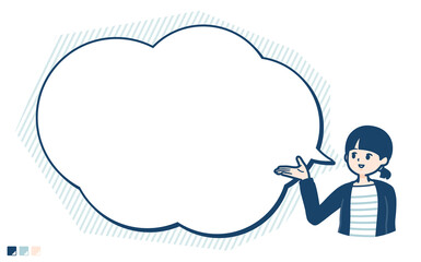 ひとつ結びヘアーの女性が吹き出しで解説しているイラスト