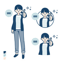 ひとつ結びヘアーの女性がサムズアップをしているイラスト