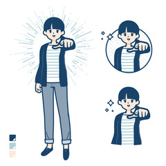 ひとつ結びヘアーの女性が正面を指差しているイラスト