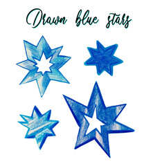 Obraz premium Pencil drawn blue stars clipart, hand drawn blue stars, blinked blue stars, shining, isolated elements, lettering drawn stars