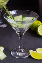 cocktail with lime and rosemary. Cucumber water with lime. martini glass of lemonade with slices of lime and cucumber on the black table. cold alcohol drinks with copy space.