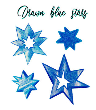 Pencil drawn blue stars clipart, hand drawn blue stars, blinked blue stars, shining, isolated elements, lettering drawn stars