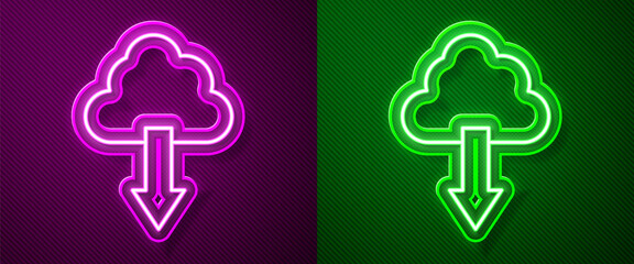 Glowing neon line Cloud download icon isolated on purple and green background. Vector