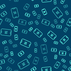Green line Mobile with 5G new wireless internet wifi icon isolated seamless pattern on blue background. Global network high speed connection data rate technology. Vector