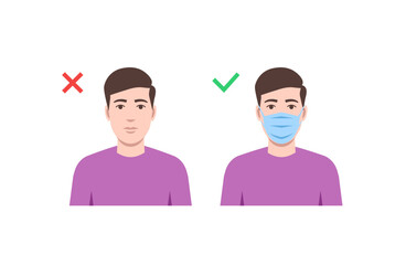 Wear mask poster. No entry without face mask vector illustration. Man in purple shirt wears a covid mask