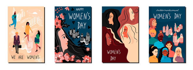 International Womens Day.Set of  postcards with female characters from different cultures, metropolis buildings and lettering.Vector concept of gender equality and of the female empowerment movement.