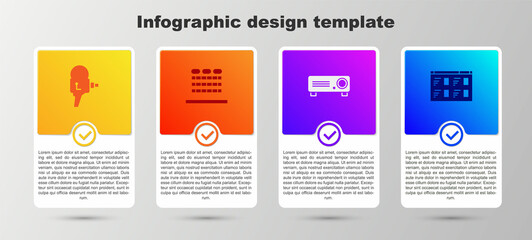 Set Retro cinema camera, Cinema auditorium with seats, Movie, film, media projector and Online play video. Business infographic template. Vector