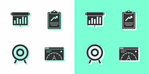 Set Website statistic, Board with graph chart, Target sport and Clipboard icon. Vector