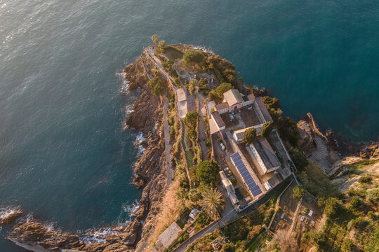 Aerial view of agricultural terrace field along the coastline near Manarola, Cinque Terre, Liguria, Italy.