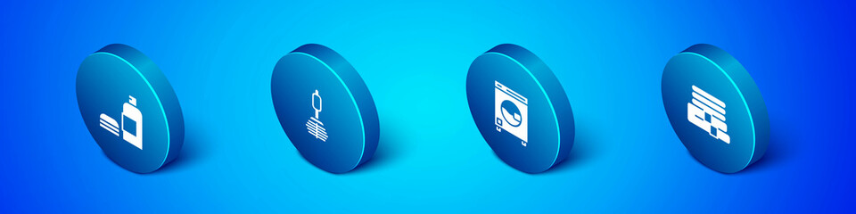 Set Isometric Bottle of shampoo, Washer, Towel stack and Toilet brush icon. Vector