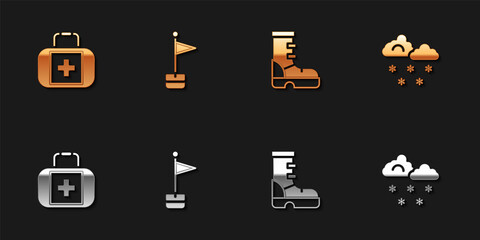 Set First aid kit, Location marker, Waterproof rubber boot and Cloud with snow icon. Vector