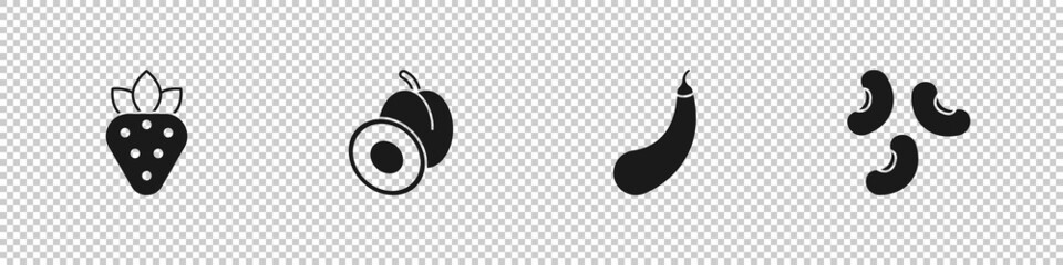 Set Strawberry, Plum fruit, Eggplant and Beans icon. Vector