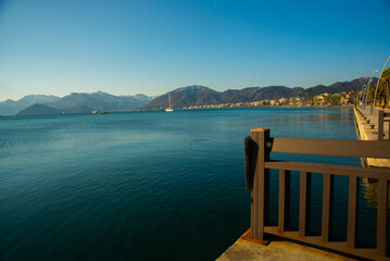 MARMARIS, TURKEY: View from the promenade in Marmaris to the landscape of the snow-capped mountains in winter