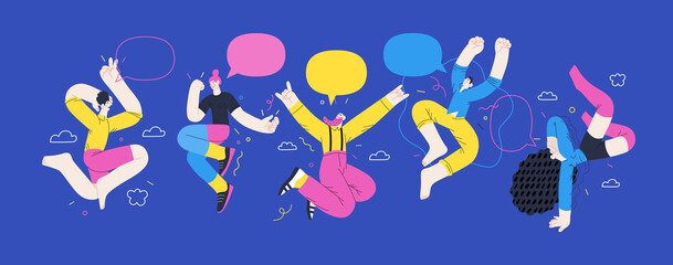 Happiness - happy young man and woman jumping in the air cheerfully. Modern flat vector concept illustration of a happy jumping and dancing person. Feeling and emotion concept.