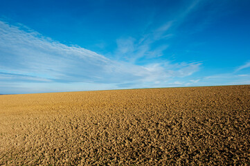 Plowed field under the background of blue sky
