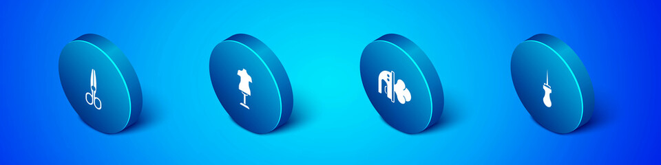 Set Isometric Scissors, Electric iron, Awl tool and Mannequin icon. Vector