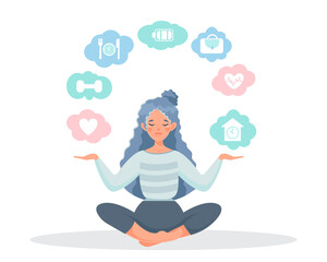 A girl in the lotus position and icons of healthy habits