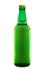 Green glass bottle with lemonade or beer isolated on white background with clipping path
