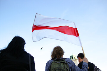 Belarusian white-red-white flag in Warsaw, Poland. High quality photo