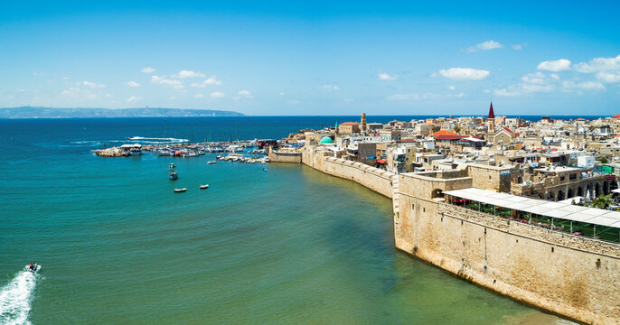 Aerial view of a small harbour near The Horse beach in Acre, Northern District, Israel.