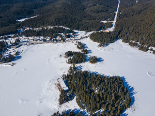 Fototapeta na wymiar Aerial winter view of Shiroka polyana Reservoir covered with ice, Bulgaria