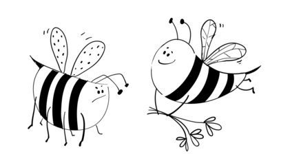 Honey Bee Couple in Love, Bee presenting flowers to angry bee lover. Cute hand drawn outline doodle character design for kids. Vector illustration, coloring page or coloring book cartoon.