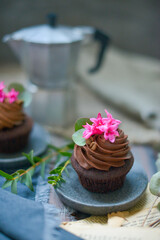 chocolate cupcake garnished with a pink rose. High quality photo