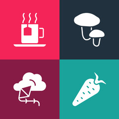 Set pop art Carrot, Kite, Mushroom and Cup of tea with tea bag icon. Vector