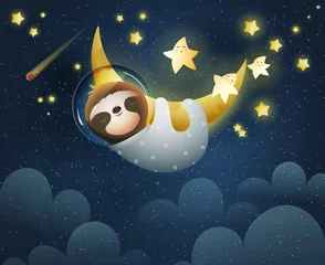 Selbstklebende Fototapeten Faultier-Kosmonaut, der auf dem glänzenden goldenen Mond schläft, kosmischer Hintergrund mit Wolken und Sternen. Süßes schlafendes Faultier auf dem Mond in der sternenklaren Nacht. Vektorillustration für Kinder und Kleinkinder. © Popmarleo