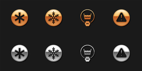 Set Medical symbol of the Emergency, Snowflake, Delicate wash and Exclamation mark in triangle icon. Vector