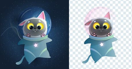 Cosmonaut cat in outer space cartoon character for kids. Cute Kitten in outer space and isolated on transparent background. Space cat clipart isolated. Vector children cartoon in watercolor style. © Popmarleo
