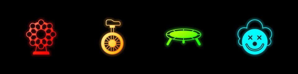 Set Ferris wheel, Unicycle or one bicycle, Jumping trampoline and Clown head icon. Vector