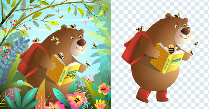 Bear read or study book in the forest with bees friends, illustration for kids story. Nature background, and bear isolated reading book. Vector children cartoon in watercolor style.