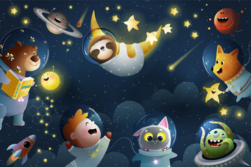 Fototapeta premium Animals and kids astronaut adventures in space, with shiny moon stars and clouds. Dreamy adventurous fun cartoon for children cosmic exploration. Vector wallpaper watercolor style illustration.