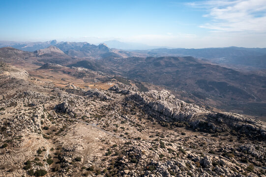 Aerial view of rocky mountains in Torcal de Antequera, Antequera, Spain.