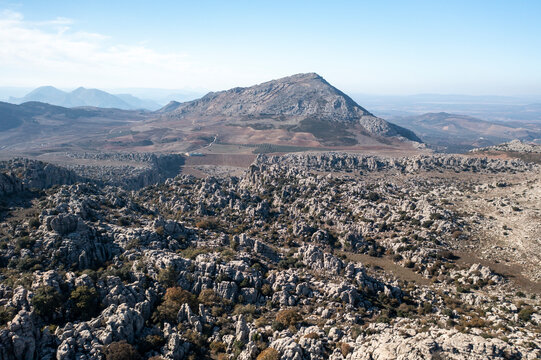 Aerial view of rocky mountains in Torcal de Antequera, Antequera, Spain.