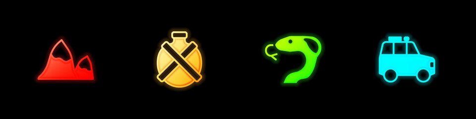 Set Mountains, Canteen water bottle, Snake and Car icon. Vector