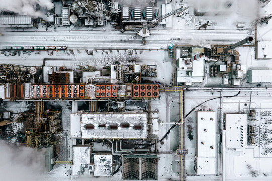 Aerial view of industrial factory territory from above, Kaunas, Lithuania.