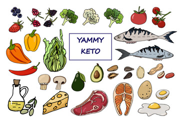 Contour vector image by hand. Colorful vegetables, berries, fish, nuts, meat and cheese for a healthy and delicious keto diet.