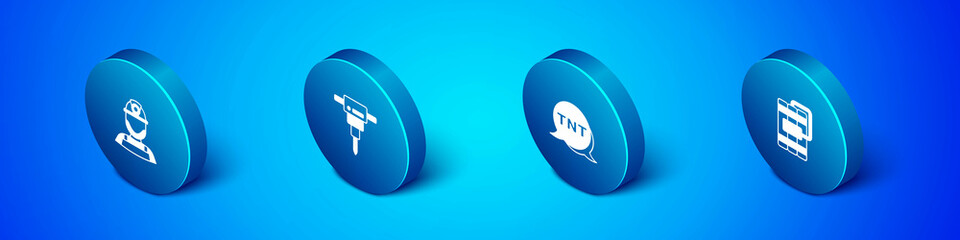 Set Isometric Miner in a helmet, Dynamite, and Construction jackhammer icon. Vector