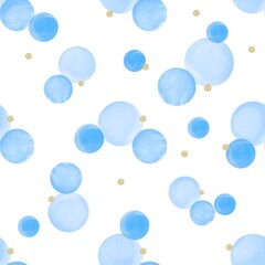 Seamless pattern with Watercolor texture. Aquarelle circles in pastel colors. Watercolor blue and golden spots isolated on white background.