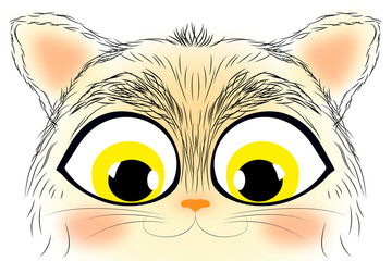 Cute muzzle of a little kitten, funny cat with big eyes, children's illustration