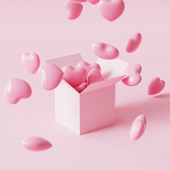 Valentines day pink background with opened box and heart shaped balloons, 3d render