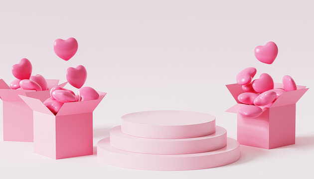 Valentines day pink podium or pedestal for products or advertising with opened box and heart shaped balloons, 3d render