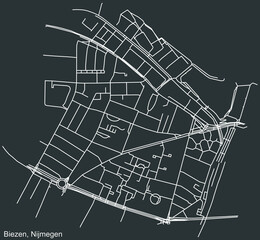 Detailed negative navigation white lines urban street roads map of the BIEZEN NEIGHBORHOOD of the Dutch regional capital city Nijmegen, Netherlands on dark gray background