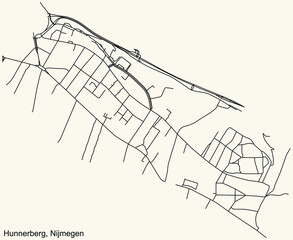 Detailed navigation black lines urban street roads map of the HUNNERBERG NEIGHBORHOOD of the Dutch regional capital city Nijmegen, Netherlands on vintage beige background